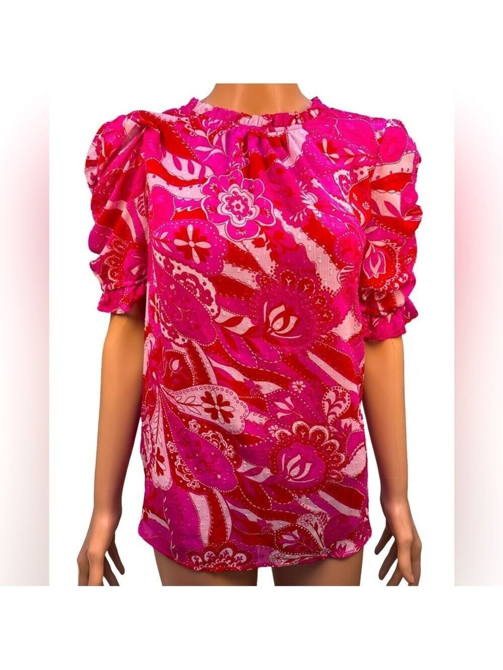 Rachel Zoe Vibrant Pink Floral Short Sleeve Blouse Large